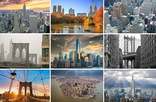 Lot de 9 cartes postales de New York (cartes de vœux) – Motifs photographiques, entre autres, Manhattan, Brooklyn Bridge, Empire State Building, Freedom Tower, Central Park – Photos/images/souvenirs