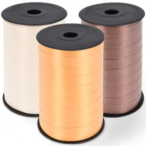 Set Ringelband Polyband Geschenk-Band Geschenkschleifen zum Basteln und Verpacken - glänzend & matt sortiert (creme - apricot - braun, 3 Rollen Geschenkband je 150m)
