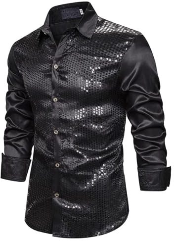 DUHENWU Chemise à paillettes pour homme à manches longues - Chemise brillante - Costume disco des années 70 et 80 - Chemise décontractée - Carnaval, Mardi Gras, spectacle, mariage, vêtements pour