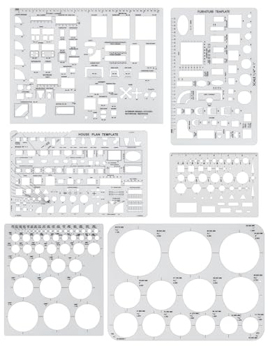 GAUENEEN 6 Pcs Architectural Templates, Circle Template, House Plan, Interior Design and Furniture Templates, Drafting Tools and Ruler Shapes for Architecture