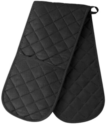 BlissLo Black Double Oven Gloves - Heat Resistant Oven Mitts for Cooking, Baking, Grilling & BBQ - Quilted Non-Slip Kitchen Gloves - Heavy Duty Black Mitts for Safe Handling