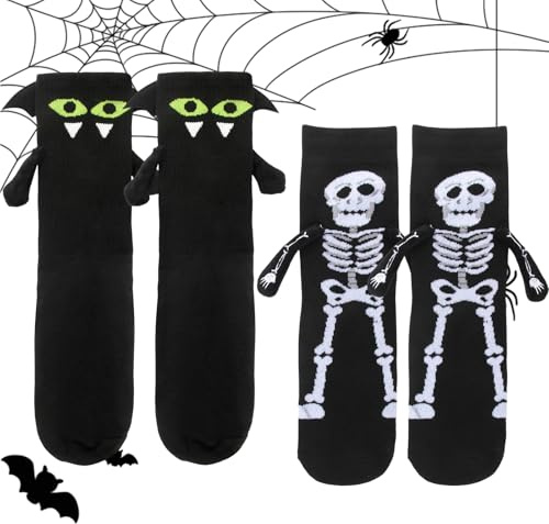 JINXIAN 2 pares de calcetines de peluche de Halloween divertidos calcetines de esqueleto de murciélago de Halloween calcetine magnéticos para niños y niñas regalo de cosplay (negro)
