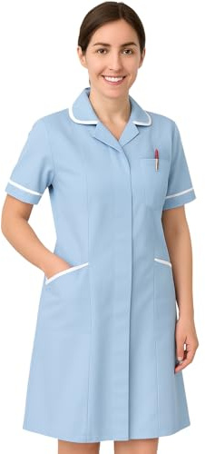 Skywear Ladies Healthcare Tunic Dress – Nurses Uniform Workwear for Women – Medical, Beauty, Dental, Therapist & Carers, Sky with White, 10, Short
