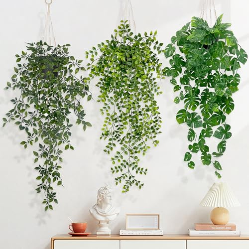 YMIFEEY 3 Stück Hängepflanze Künstlich im Topf Kunstpflanze Hängend Blätter, Künstliche Pflanzen Wie Echt Plastik Pflanze Hängepflanzen, Fake Plant für Zimmer Bad Regal Indoor Outdoor Deko (Grün)