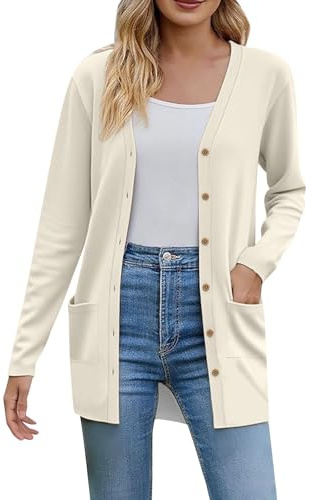 Gilet Femme Chic et Elegant Cardigan Femme Long Leger Veste Mi Saison Printemps Ete Manches Longues Col V Boutons avec Poche Fluide Doux Quotidien Casual Grande Taille