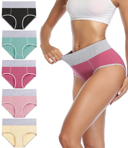 wirarpa Bragas Talle Alto Algodón para Mujer Culotte Braguita de Cintura Alta Cómodo 5 Pack, Negro, Rosa, Amarillo, Fucsia, Menta Tamaño XXXL