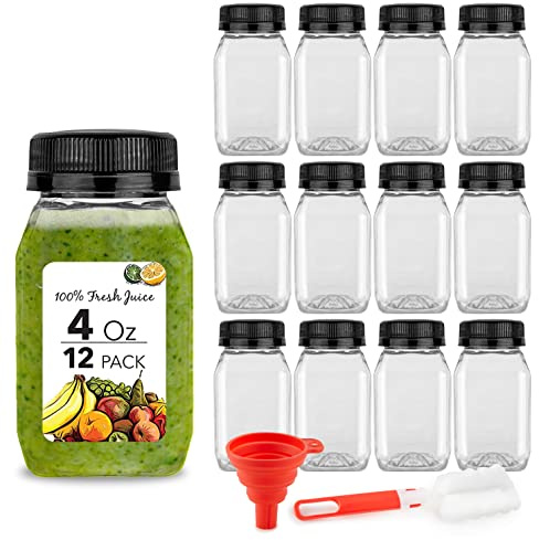 Stock Your Home 4 Ounce Mini Bottles for Mini Fridge, Reusable Juice Containers with Black Caps, Small Bottle for Liquids in Lunch Box, Clear Empty Plastic Container with Lids for Juicing (12 Pack)
