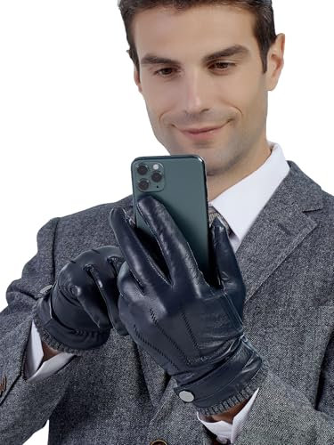 GSG SINCE 1998 Lederhandschuhe Herren aus echtem mit Futter Warm Wolle Gefüttert Touchscreen Lammfell Handschuhe Winter Navy Blau L