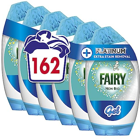 Fairy Non-Bio Platinum Washing Liquid Laundry Detergent Gel, 162 Washes (5.67 L x 6), Touch of Lenor Long Lasting Freshness, Brilliant Cleaning Even in a Cold Wash