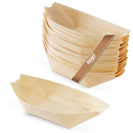 FOOGO Green 50Pcs Disposable Wooden Bamboo Boats, 5(12.7cm), FSC® Certified, for Barbecue, Garden Party, Salad & Snacks, Eco-Friendly, Biodegradable, Wedding Party, Like Palm Leaf and Paper Bowls