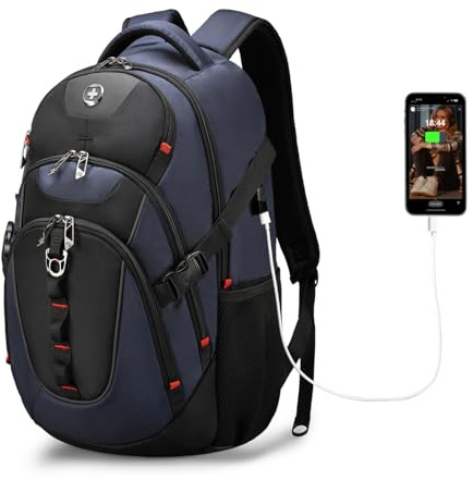 Swissdigital Design Laptop Backpack with USB Charging Port, Travel Backpack Fits 15.6 inches Computer, 31L College School Backpack for Men, Blue/Black | SD803-12