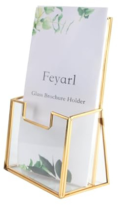 Feyarl Glass Brochure Holder Gold Leaflet Holder Stand Literature Holder Flyer Trifold Holder Clear Display Stand for Brochures Poster Magazine Menu