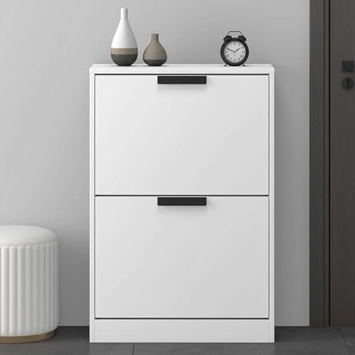 Mai & Mai Schuhkipper Schmal Schuhschrank mit 2 Klappen BxTxH: 60x28x89 cm Schuhregal Schuhkommode in Weiß matt Schuhschrank01