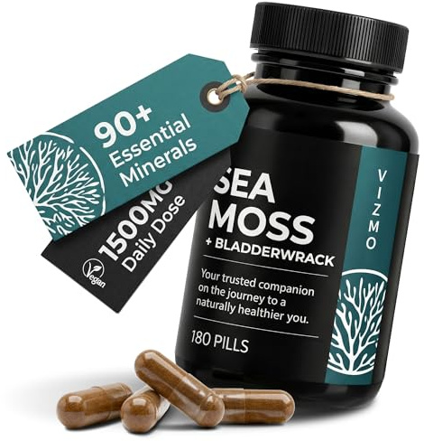 Irish Sea Moss Kapslar 500mg – Naturlig Irländsk Sjömos & Blåstång, Chondrus Crispus – Fri från Magnesiumstearat, Vegansk, Utan Tillsatser – Kosttillskott, Laboratorietestat, 180 Kapslar