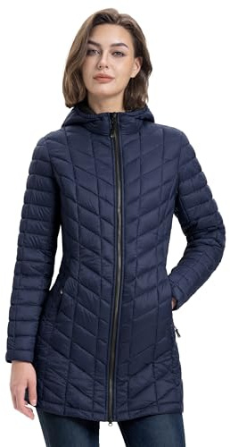 33,000ft Women's Winter Jacket Lightweight Long Quilted Jacket Water Resistant Transitional Down Jacket with Hood For Cold & Wet Weather Deep Blue L