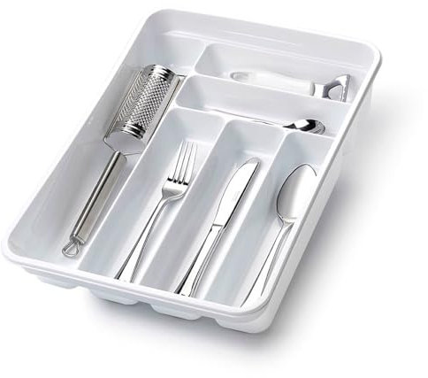 AC - Cubertero para la cocina - Fabricado en Plástico - Recipiente para ordenación y almacenamiento de cubertería - 40 x 30 x 7 cm - Blanco