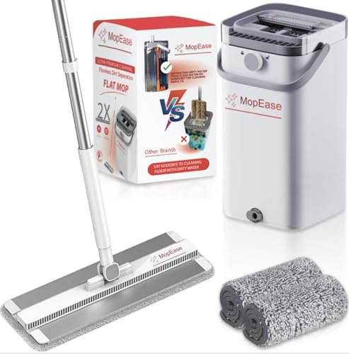 MopEase Set di mocio e secchio piatto ultra premium 2025, design a 3 camere per la separazione dell'acqua pulita e sporca, copertura trasparente impermeabile, indicatore visivo di pulizia, per