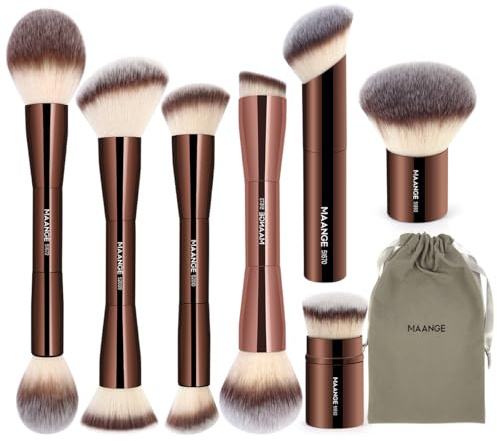 MAANGE 7pcs Makeup Brush Set Double Sided Kabuki Makeup Brushes Contour Brush for Foundation Liquid Powder Concealer Cream Cosmetics Bronzer Blending Blush Buffing Makeup Tools (Coffee)