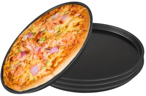 LEKEFETO Set di 4 teglie per pizza da 29 cm, rotonde, con rivestimento antiaderente, teglia per pizza nera per forno, durevole e facile da pulire