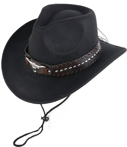 Aulivra Cowboyhut für Damen und Herren, Männer Western Westernhut mit Stierkopf-Dekor, Damen Retro Vintage Jazzhut, Einfarbige Cowgirlhüte für Erwachsene, Klassischer Western-Stil (Schwarz)