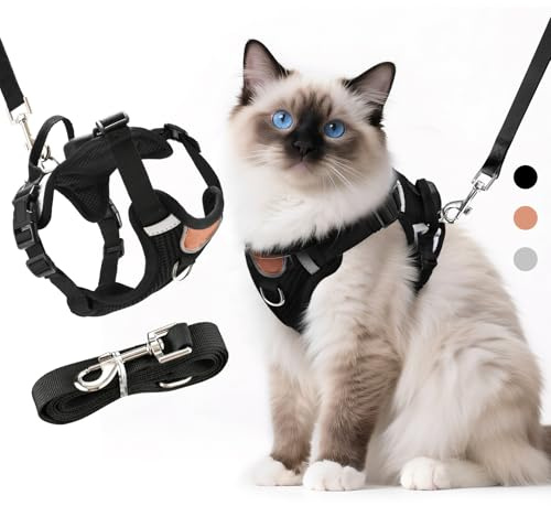 LUOJINYI Arnés ajustable para gatos con correa a prueba de fugas, arnés para gato con rayas reflectantes y tejido de malla transpirable, arnés suave para gatos, gatitos y cachorros (negro, M)