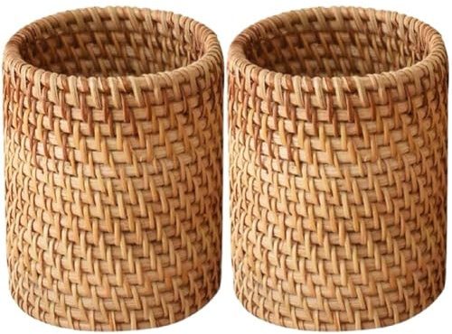 2 Stück Rattan-bleistifthalter, Handgefertigter Stiftebecher Aus Korbgeflecht, Make-up-pinselhalter, Gewebter Schreibtisch-Organizer, Stiftebehälter Für Den Schreibtisch Im Büro