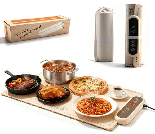 Bandeja de Calentamiento de Silicona, Bandeja Calentador de Comida Portátil Plegable, 6 Temperatura & 4 Temporizadores Auto-Apago, Cerradura Niños ,Calienta Platos para Familia, Fiestas, Eventos