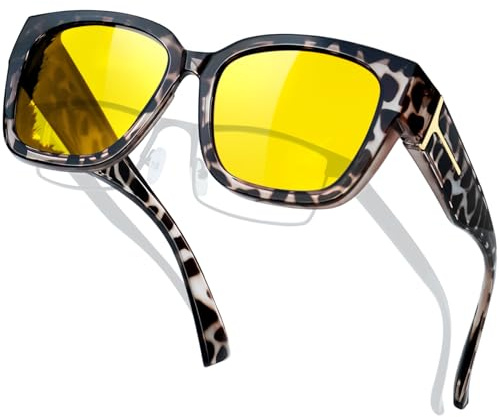 KANASTAL Occhiali Guida Notturna Lenti Gialli Leopardati Donna Uomo Sovraocchiali Notte Visione Notturni Tartarugati Quadrati Yellow Night Driving Glasses over Glasses -Gialle Maculati