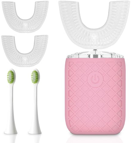 yeklike Adult Sonic Automatic Electric Toothbrush, 360° Oral Cleaning Stain Whitening, IPX7 Waterproof Rechargeable, u-Shape Brush Head*3+Straight Handle Brush Head*2 (Pink)