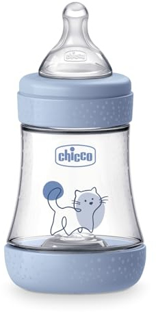 Chicco PERFECT 5 Biberón anticólicos de 150 ml, biberón de flujo lento para 0 meses + con tetina de silicona suave, biberón similar al pecho materno, biberón anticólicos para lactancia mixta, azul