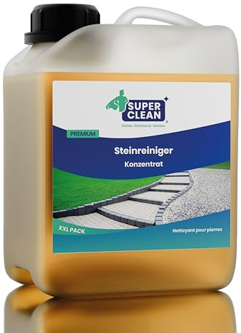 SUPER CLEAN Limpiador de piedra concentrado de 2 litros – para terraza, pavimento, hormigón, piedra natural y losas de aceras, limpiador exterior contra suelos verdes, suciedad y depósitos, hasta 200