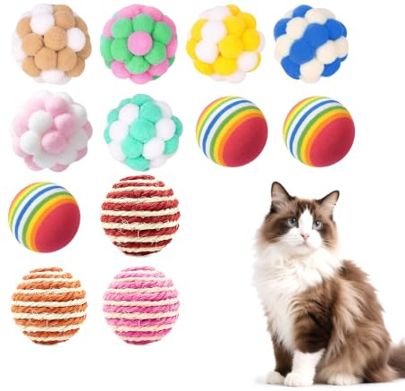 Quorumsg 12 st kattboll, färgglad kattleksak med klocka, tre olika modeller kattbollar, för inomhus, utomhus, djur, företag, sport, jakt, träning, rolig