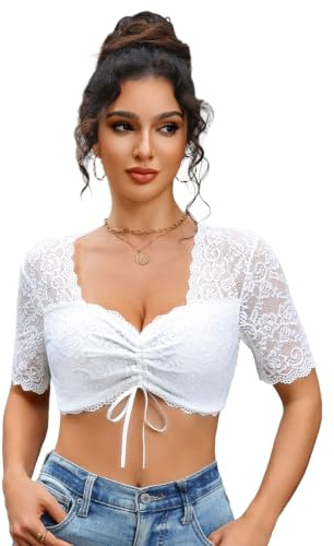 Zeagoo Dirndl-blus, dam, spets, dirndlblus, kortärmad, vit, dirndlblusar, dragsko, V-ringad, Dirndl-blusar, traditionell blus för Oktoberfest, Vit, M