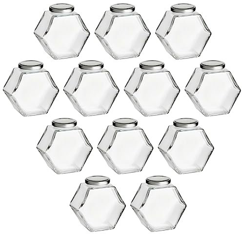 gouveo Lot de 12 bocaux de conservation 380 ml en nid d'abeille avec couvercles à vis argentés – Beaux bocaux de conservation avec bouchons à vis – Pots à vis vides pour miel, confiture (EGW380S)