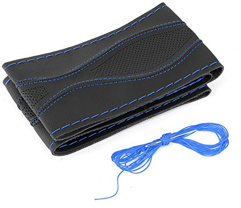 Yctze rattöverdrag, 38cm / 15-tums läderrattöverdrag handsyningssats prägling med nål och tråd Universal biltillbehör (svartblå)