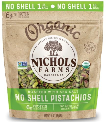 Nichols Farms Organic No Shell California Pistachios, Healthy Protein Snack, Roasted Sea Salt, 1LB