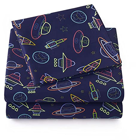1500 Supreme Kids Bed Sheet Collection - Fun Colorful and Comfortable Boys and Girls Toddler Sheet Sets - Deep Pocket Wrinkle Free Soft and Cozy Bedding - Twin XL, Neon Spaceships