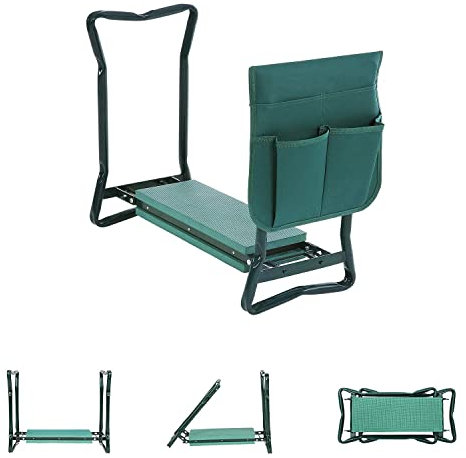 Cecaylie Kniebank für Gartenarbeit, Gartenhocker Gepolstert Sitzunterlage Eva-Schaumkissen, Klappbar Arbeitshocker Gartensitz Inkl. Werkzeugtasche, Gartenbank 59 x 49 x 28 cm, bis 150 kg, Grün
