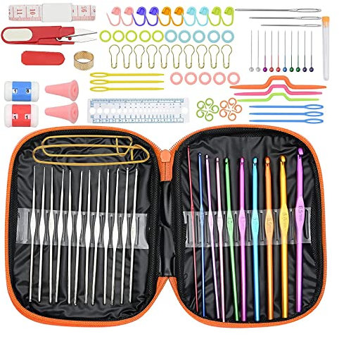 SIMDAO 100 Pcs Crochet Hooks Set, Aluminum Knitting Needles Ergonomic Coloured Crochet Hooks with Pink Storage Bag, Scissors & Cable Needles, for DIY Weave Yarn Beginners and Professionals