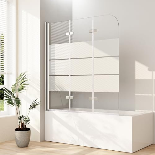 Duschwand für badewanne, 130x140cm Milchglas Gestreift 3-teilig Faltbar Badewannenaufsatz Duschtrennwand Duschabtrennung mit 6mm ESG Glas