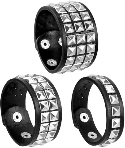 Newellsail Bracciale Punk in Pelle, Rivetto Gotico Largo Nero con Bottone a Pressione Regolabile per Uomo Donna 3 Pezzi (Nero)