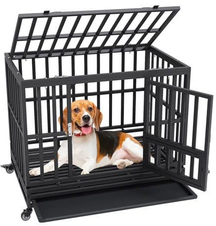 VEVOR 38 Inch Heavy Duty Dog Crate Indestructible 3-Door House for Medium to Large Dogs with Lockable Wheels and Removable Tray, Anxious Dog Crate