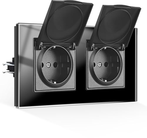 CNBINGO Wasserdicht Doppelsteckdose mit Klappdeckel, Schuko Steckdose Unterputz mit Krallen, Doppel Steckdose mit deckel, Schwarz Glas Schutzkontakt Wandsteckdose, 1-Fach, 16Amp, 250V
