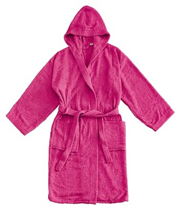 LARA MORADA - Accappatoio Per Uomo - Donna in Puro Cotone al 100%, Tinta Unita, Accappatoio In Morbida Spugna Di Cotone, Con Cappuccio, Unisex, 450gr/m2, Fuxia L