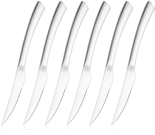 Homikit Steak Knives Set of 6, Stainless Steel Sharp Serrated Kitchen Knives with Ergonomic Handle, Full Tang Dinner Table Knives for Cutting Meat, Mirror Polished & Dishwasher Safe