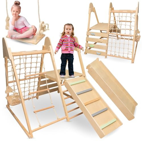Mamabrum Parco Giochi da Giardino per Bambini 5-in-1 - Struttura in Legno con Scivolo, Altalena, Parete Arrampicata, Rete e Scala - Centro Attività Multifunzionale per Sviluppo Motorio