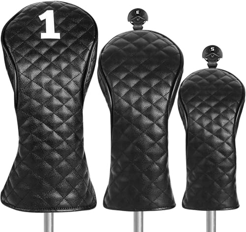 FINGER TEN Golf Club Head Covers Wood Driver Fairway Hybrid Rescue, Golf Club Covers Woods Novelty Synthetic Leather with Interchangable No.Tag for Men Women (Dark-3 Pack)