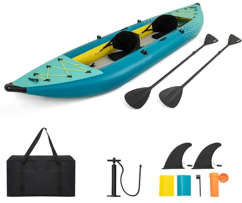 HOMASIS Kajak Aufblasbar für 2 Personen, Schlauchboot mit 2 Aluminiumpaddel & 2 Flossen, verstellbare Sitze & Fußstützen, Kanu mit Tragetasche, Pumpe & Reparaturset, bis 230 kg belastbar (Türkisblau)
