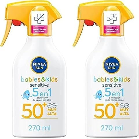 NIVEA SUN Babies & Kids Sensitive - Spray FP50+ - Protector Solar Infantil - Protección UVA/UVB - Resistente al Agua - Crema para Bebés y Niños - Piel sensible Desde 6 meses - 270ml​ Embalaje Variable