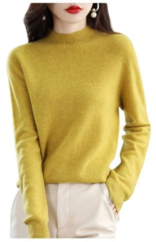 Generico Maglione in Cashmere da Donna, Maglione Autunnale in Lana Merino, Elegante, Taglia Comoda, A Maniche Lunghe, con Collo Alto, Morbido E Caldo, in Lana Invernale, Giallo XS